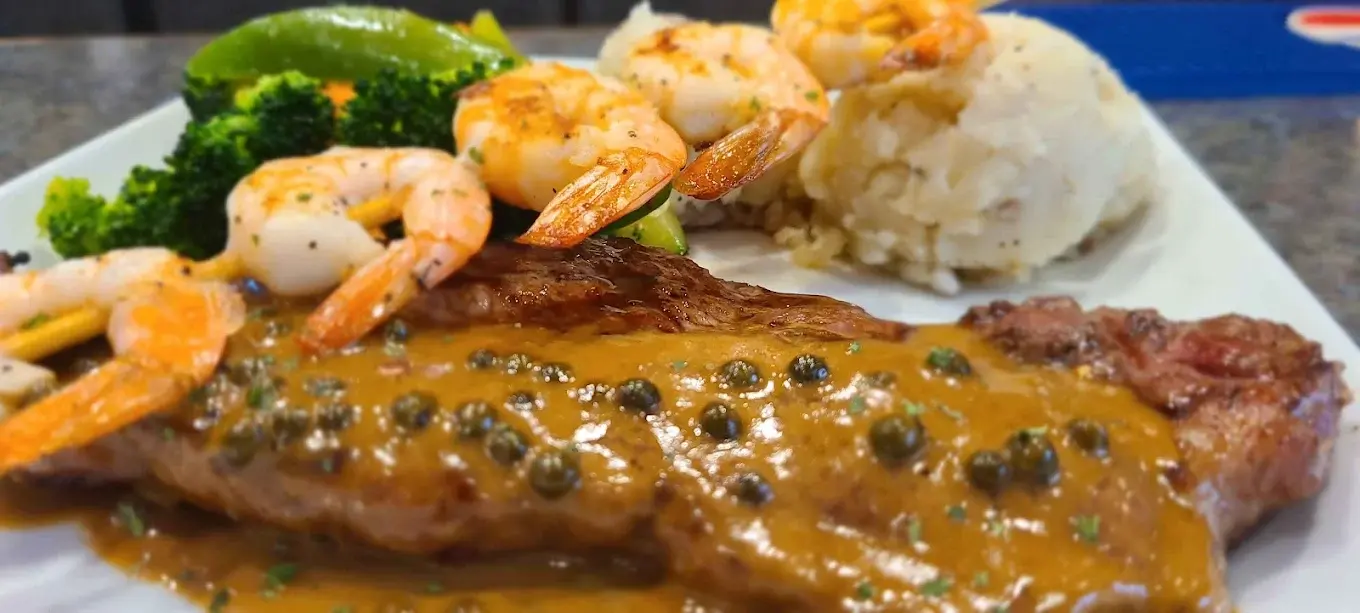 Delicious New York Steak With Shrimp Skewer at Springs Garden in Swift Current, SK